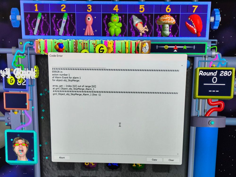 A photo of an error log over the game Nubby's Number Factory. I got to round 280 and then crashed it by scoring too high of a number (more than 100 sextillion)