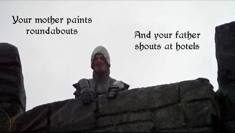 Still from the film Monty Python and the Holy Grail, showing John Cleese dressed up in armour standing looking over a castle's battlements.
The caption on the iage is split in two, and says:
Your mother paints roundabouts
And your father shouts at hotels