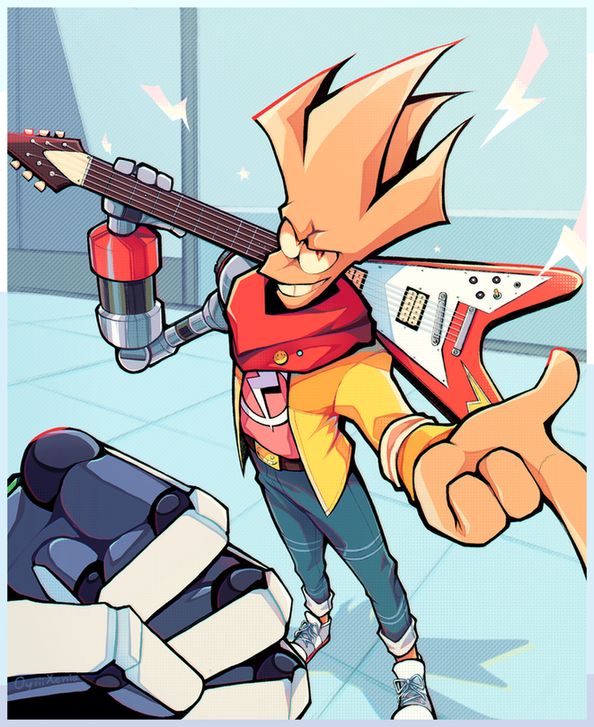 A digitally illustrated image of Shrike Sanchez from the indie animated series Monkey Wrench wearing the clothing of Chai from the video game Hi-Fi Rush. The fist of Beebs, Shrike's best friend, can be seen in the bottom left corner of the image. The image has a light blue background.