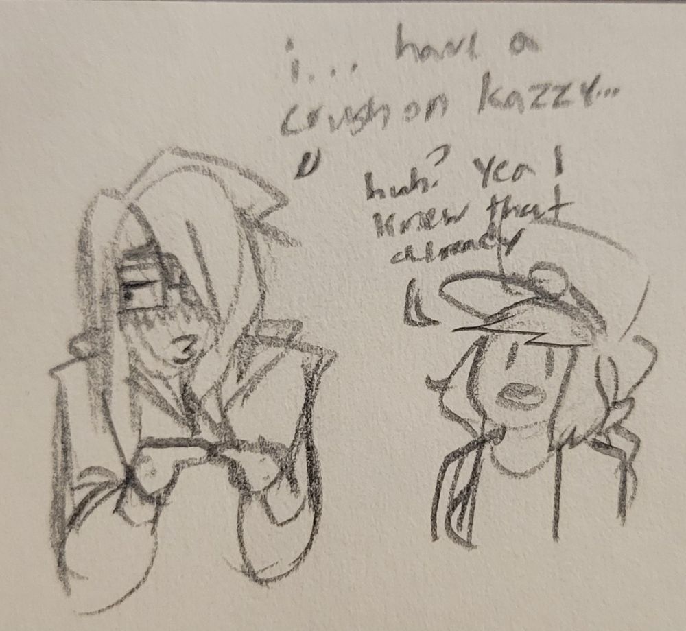 doodle of mikaela admitting she has a crush on kazzy to inky, who already knew.