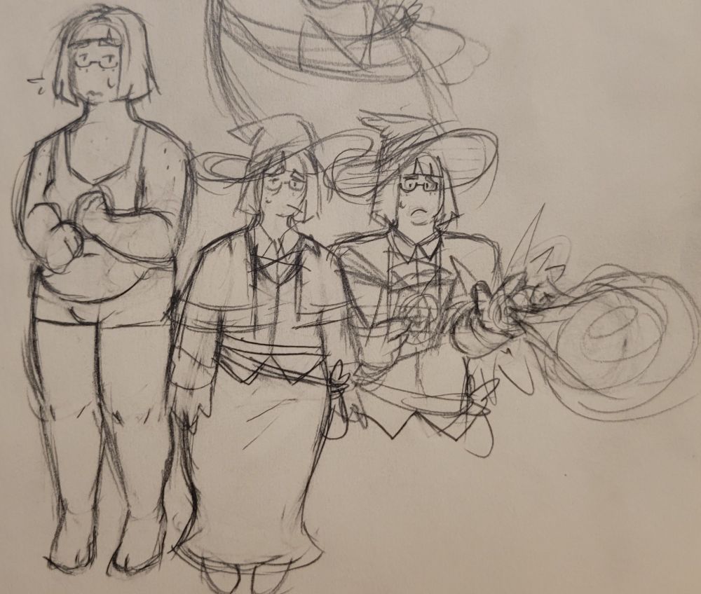 more rough sketches of francine, with two full bodies and her casting a spell.
