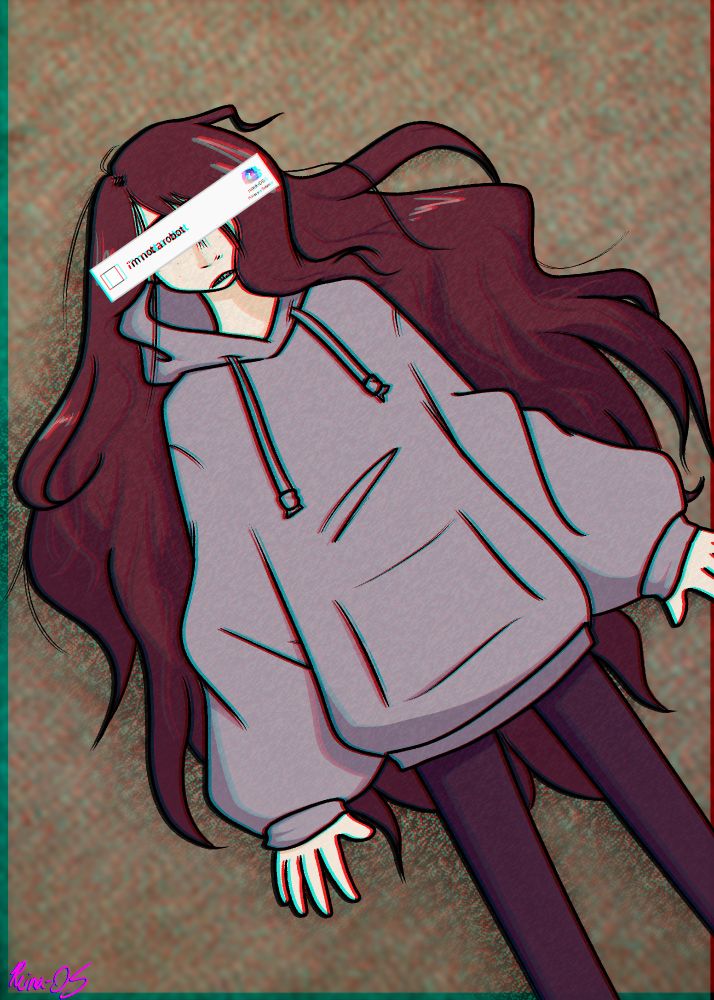 an illustration of mikaela, my oc, laying on the floor. there is an unchecked captcha prompt over her eyes, reading "i am not a robot". the illustration has a fair bit of visual distortion applied in the form of chromatic aberration and noise.