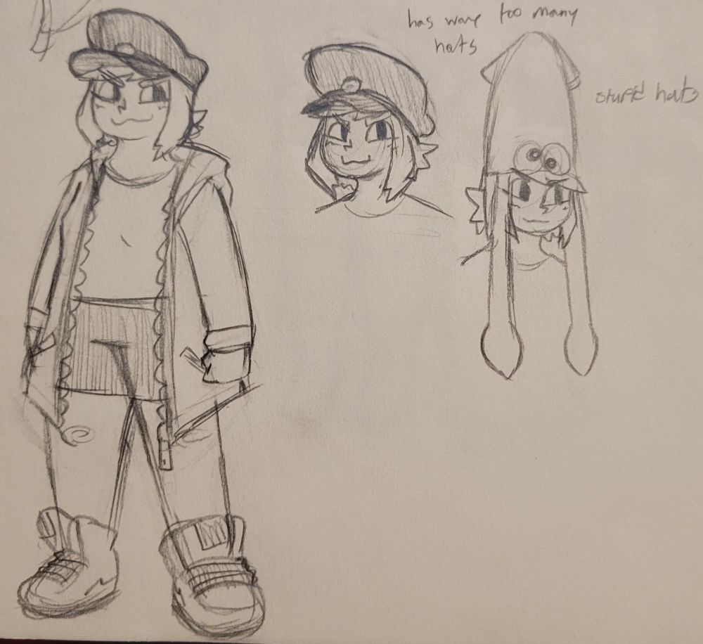 more sketches of inky, showing a full body and detailing how she has way too many hats, with two examples illustrated.