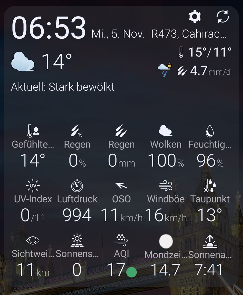 Screenshot Wetterapp 
6.53 14 Grad es werden noch 15.