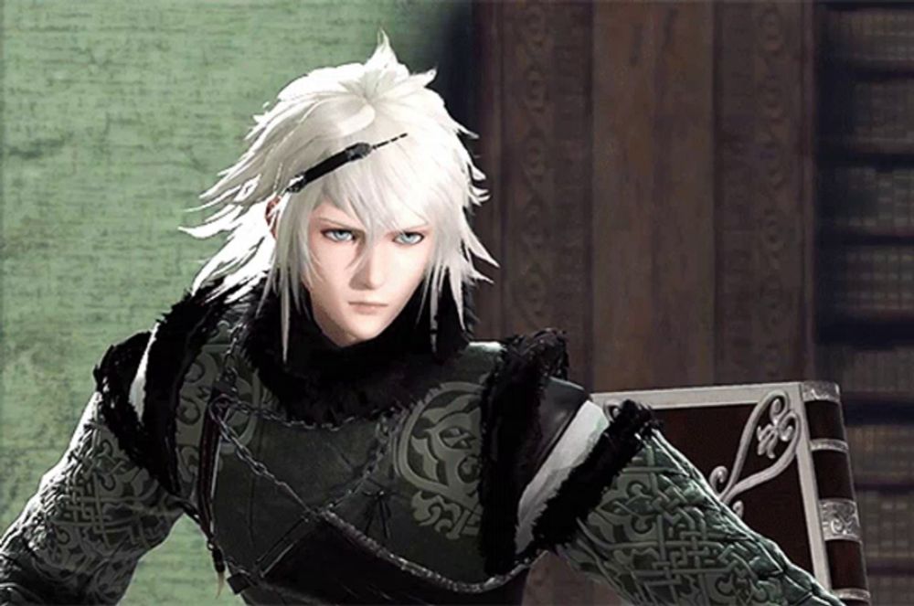 a video game character with white hair and a book in his hand