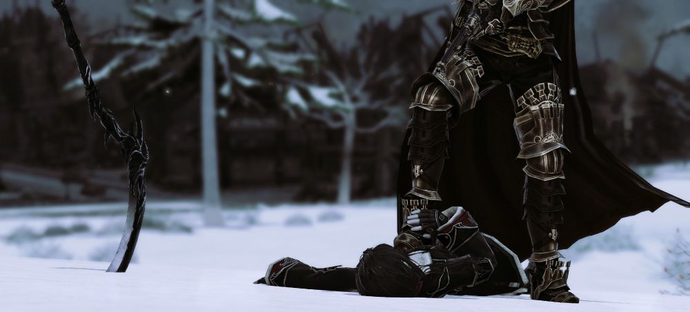 a wide shot of ane being pinned by the bronze armor-clad man mentioned in the first image; he aims his pistol at her head, his thumb resting on the hammer of the firearm. a scythe is lodged into the snow beside them, just out of reach of ane.