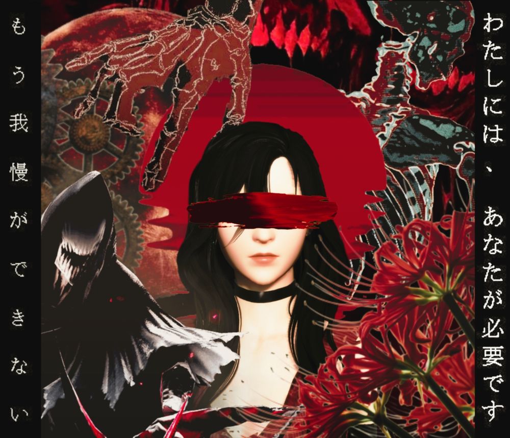 an abstract mood board for one Ane Ichiro, a Midlander Hyur whose bust is the center of the image. there is a brush stroke of deep crimson across her eyes, unclear whether it is paint or blood. spider lilies decorate the bottom right corner of the image, and the final fantasy xiv reaper avatar hovers over her shoulder on the bottom left. a deep red solid sunset-style clip art is set behind Ane's head. behind and above the head of the reaper avatar is a set of rusted gears. a skeletal hand cropped at the wrist hovers above the sunset and gears while a topographic skeleton facing away from the viewer sits behind the sunset on the right side just above the spider lilies. Behind every clipping throughout the image looms a blood red moon and a set of sharp teeth emerging from a monstrous mouth set in a perpetual scream. on either side of the image is a black strip, with vertically-oriented Japanese text that translates to "I can't take it / I need you."
