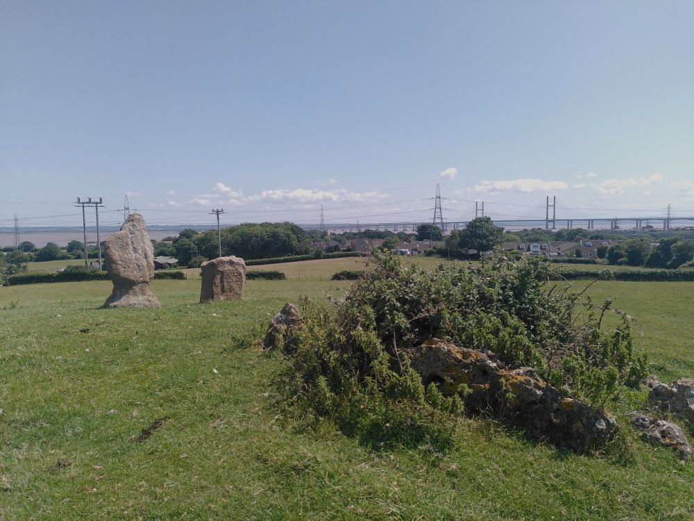 The same two stones, seen from the opposite direction. The low slabs in the bramble patch are more obvious now. Beyond is the Prince of Wales Bridge crossing between England and Wales.