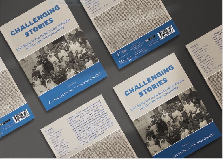 Image several copies of the front and back of the front cover of the Challenging Stories: Exploring the Intersections between Health and the Humanities edited volume.  The books are on a diagonal on a grey background.