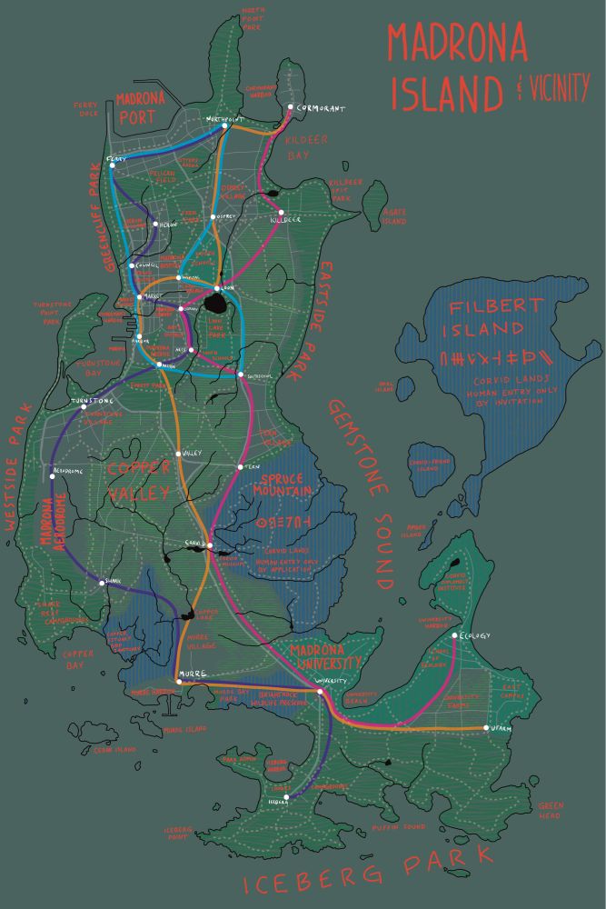 map in neon colors on a dark grey-teal background of “madrona island”; almost the entire waterfront is reserved parkland, roads have been deprioritized in favor of walking/cycling paths and a subway system. several areas are reserved as “corvid lands” with human entry only by application or invitation.