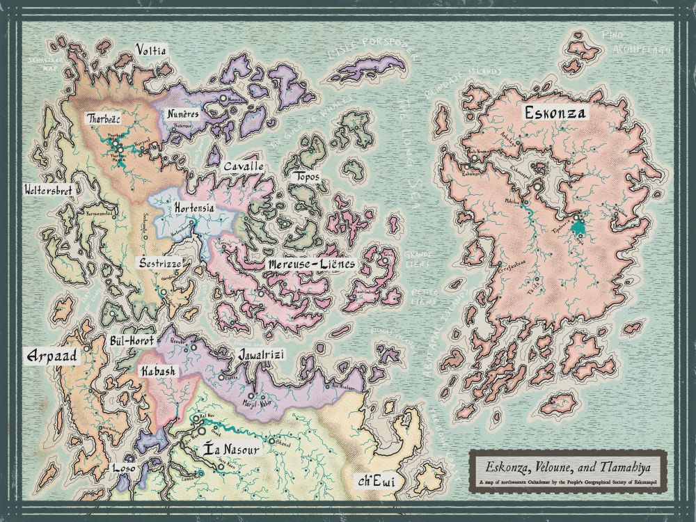 a political map in pastel colors of eskonza, véloune, and tlamahiya, the major continents of northwest ozhademat