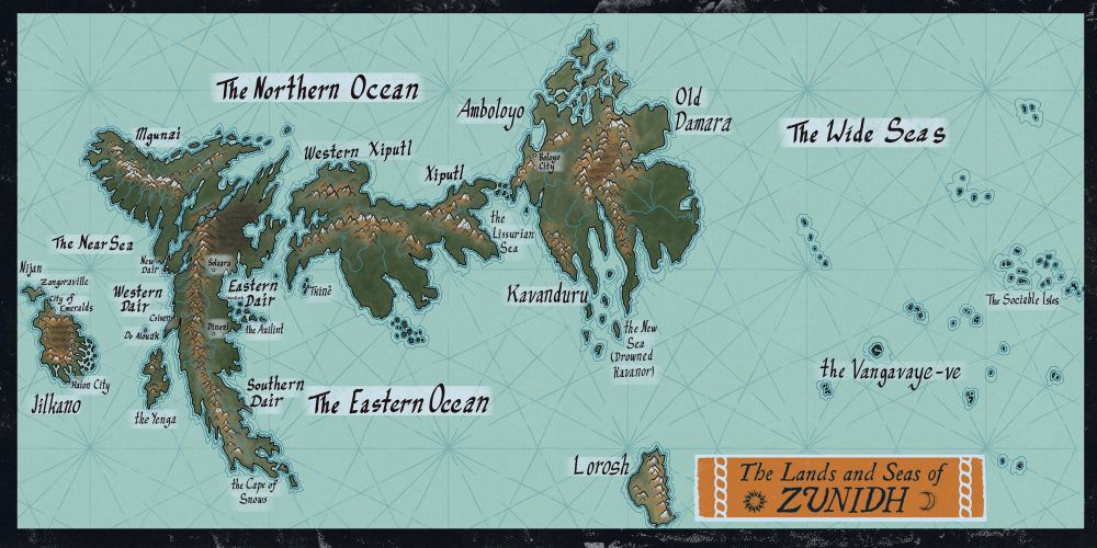 map titled “the lands and seas of zunidh”. three roughly-equally-sized continents, depicted in emerald green forests, orange rocky mountains, and white snowy peaks, with aqua rivers and light turquoise seas.