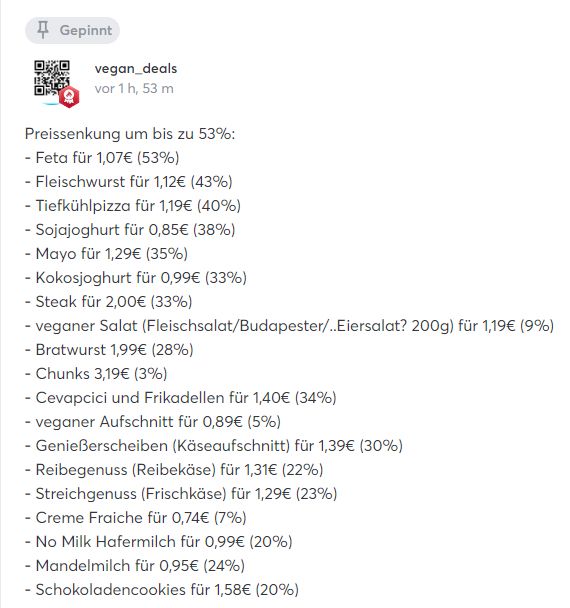 Eine Liste von Preissenkungen veganer Alternativprodukte der Eigenmarke von Lidl, größtenteils im Bereich von 20 bis 40 %.
