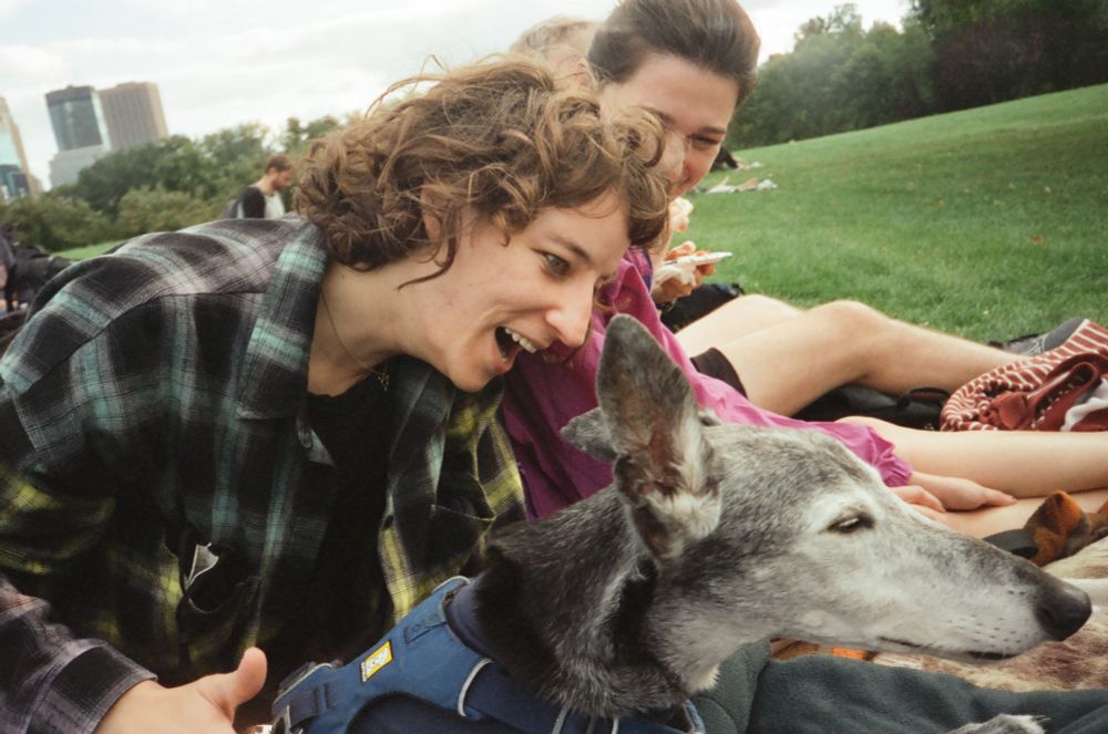 helen excitedly looking at an elderly regal greyhound