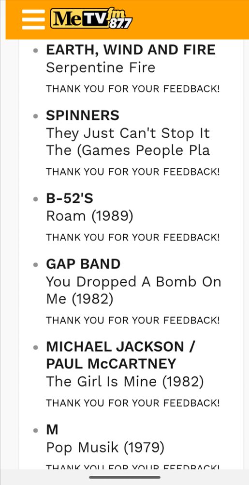 A screenshot of MeTV FM's web site showing the last 6 songs played. 5 are great! And then there's the Paul McCartney/Michael Jackson duet "The Girl is Mine." The site allows you to vote songs up or down, and I did my part.