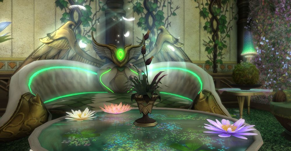 An overlook of an apartment build featuring woodland and fae themes (lounge).