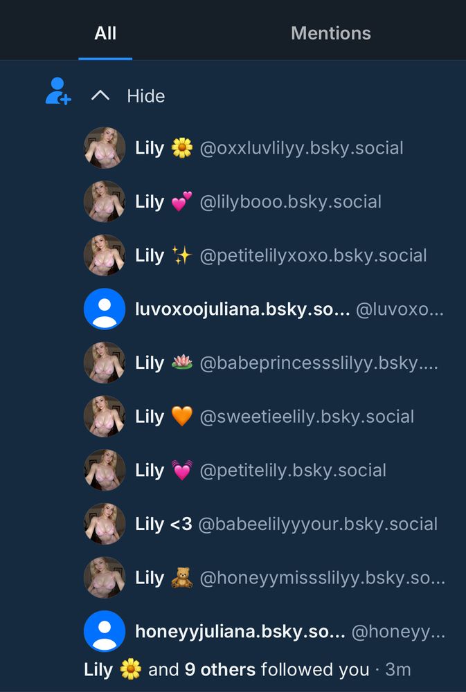 A screenshot of new follow notifications on Bluesky - 8 different bots all named Lily and 2 bots named Juliana