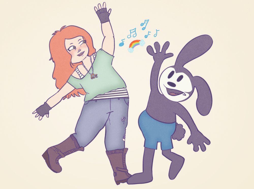 a digital doodle in pastel-ish colors featuring a person with long red hair and oswald the lucky rabbit smiling at each other and hitting the same dance pose