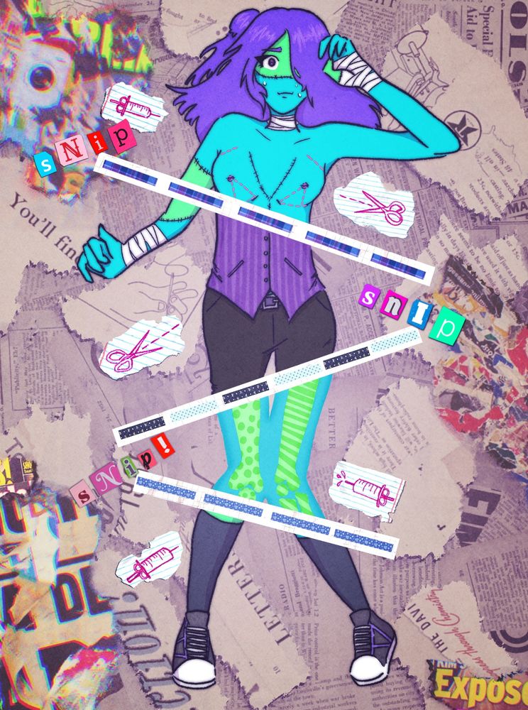 very saturated collage style digital art of an original character with different sections marked off by either stitches or surgeon’s pen markings - you decide I guess - made of collaged “paper” on a background of various paper scraps, some of which have scissors and syringes doodled on them