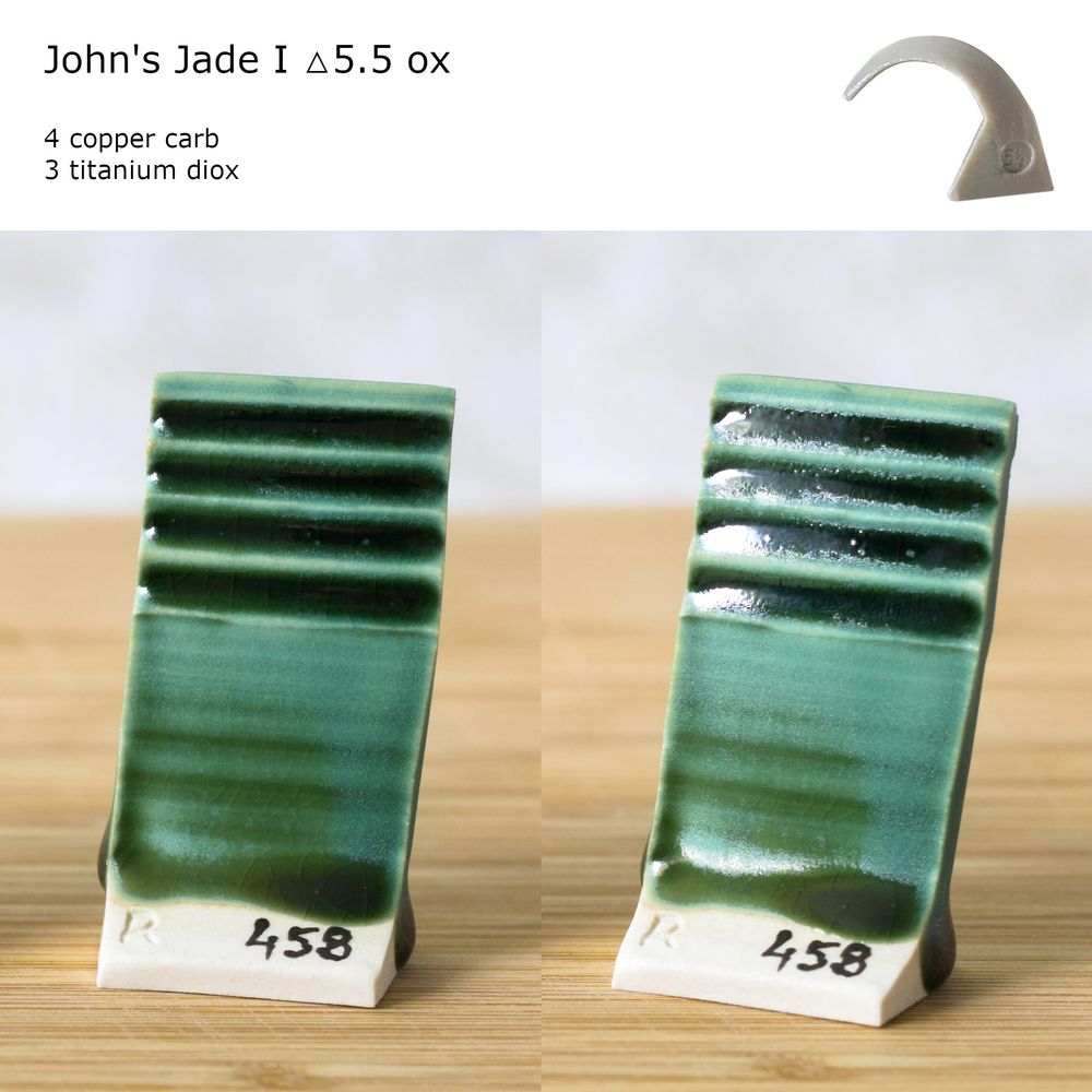 Two views of a white porcelain tile with crazed jade green glaze. Text: "John's Jade I △5.5 ox 4 copper carb 3 titanium diox".