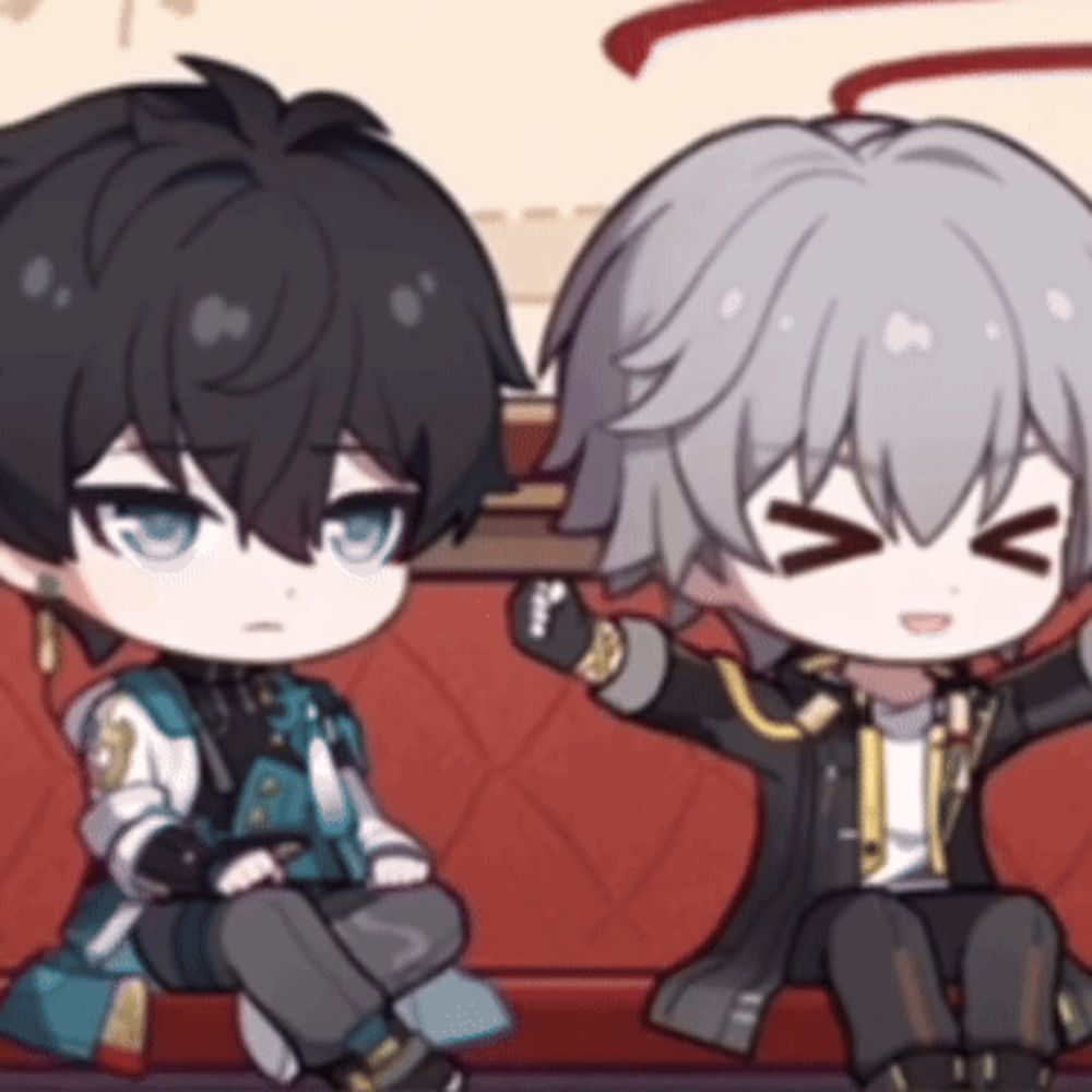 two anime characters are sitting next to each other on a couch with their eyes closed