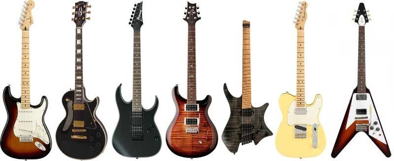An image of 7 different styles of electric guitar. A sunburst Stratocaster, a black Les Paul, a flat black Ibanez, a flame-maple burst Paul Reed Smith, A charcoal flame-maple Strandberg, a butterscotch blonde Telecaster and a burst Flying V.