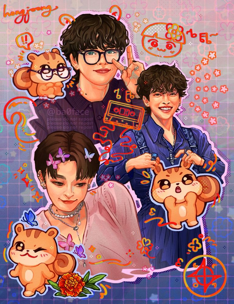 A collage of ATEEZ Captain Hongjoong's looks from Summer 2024 to Winter 2024. Starting from the top-left, a look from a Winter Japan Fanmeet. Hongjoong is wearing a dark polo, he has his black hair permed, and is wearing a set of heavy framed glasses with his fingers in a little peace sign. In the middle-right, a look from the IOMT comeback fansign. He is wearing a dark button up, tucked into matching pinstripe pants, held up by decorative suspenders. Lastly, bottom-right, a look from Hongjoong at a Summer 2024 WORK comeback fansign. He is looking down shyly in a light pink sweater with butterfly clips decorating his hair. Matching mini Jjoongramis decorate the collage. There are also line doodles of his teezmon, the ATEEZ captain logo and marigold flowers (his favourite!)