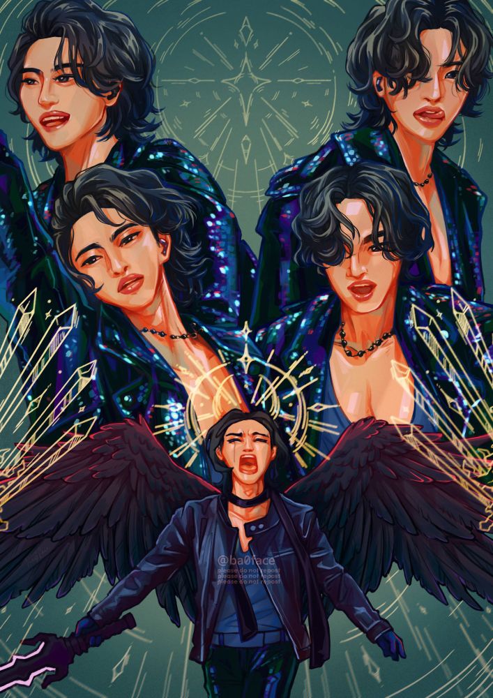 Layout of ATEEZ' Seonghwa - Coachella edition outfit. An overlay of stars is added so he can shine bright, with black wings being added to his Wonderland final pose. 