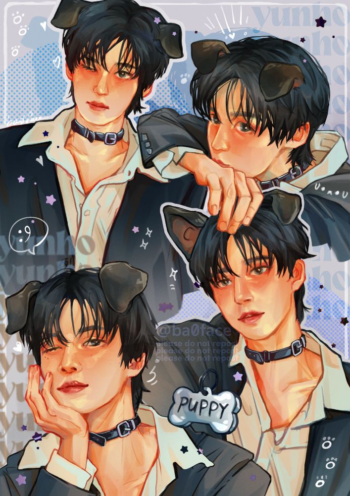 ATEEZ' Jeong Yunho - a collage of his most recent comeback look (he has on the collar, button up shirt and dark blazer and dark hair and very blushy face). The collar has been replaced with a dog caller and he has added on puppy ears. 