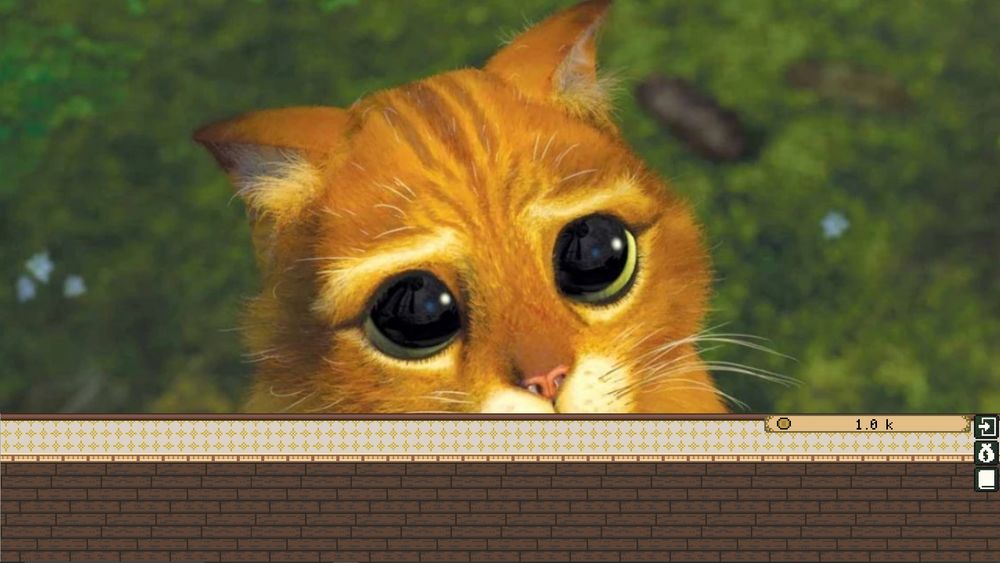An image showing a small room and UI covering a small part of the bottom of the screen. The rest of the screen shows the desktop with a background image of Puss in boots.