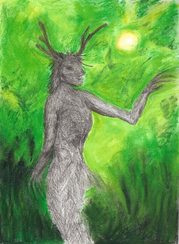 pencils and oil pastels, by attempt at representing mad stag goddess Caerne.