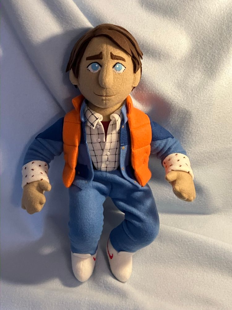 Hand sewn doll of marty mcfly from back to the future