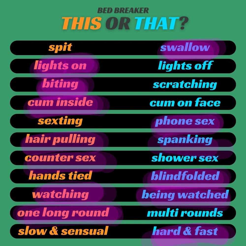Bed breaker, this or that? 

Spit or swallow (swallow)
Lights on or off (on)
Biting or scratching (biting) 
Cum inside or on face (inside) 
Sexting or phone sex (phone sex) 
Hair pulling or spanking (both) 
Counter or shower sex (counter) 
Hands tied or blindfolded (blindfolded) 
Watching or being watched (both) 
One long round or multi rounds (one long round) 
Slow & sensual or hard & fast (hard and fast)