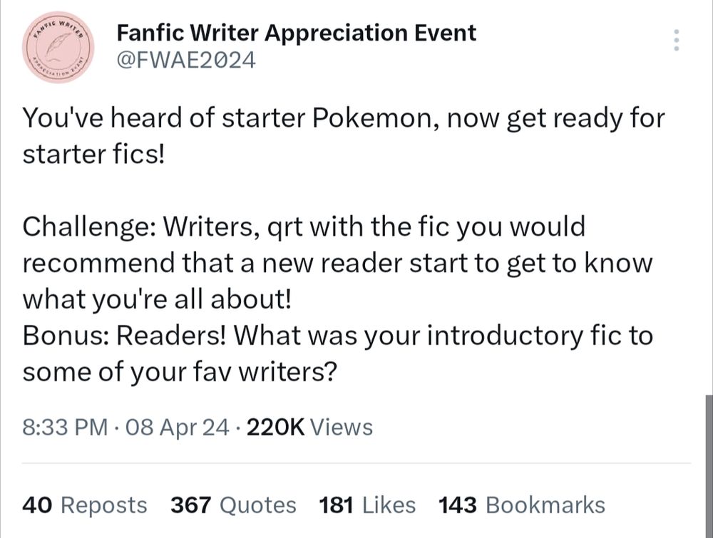 You've heard of starter Pokemon, now get ready for starter fics!

From: fwar2024 on twt "Challenge: Writers, qrt with the fic you would recommend that a new reader start to get to know what you're all about!
Bonus: Readers! What was your introductory fic to some of your fav writers?"