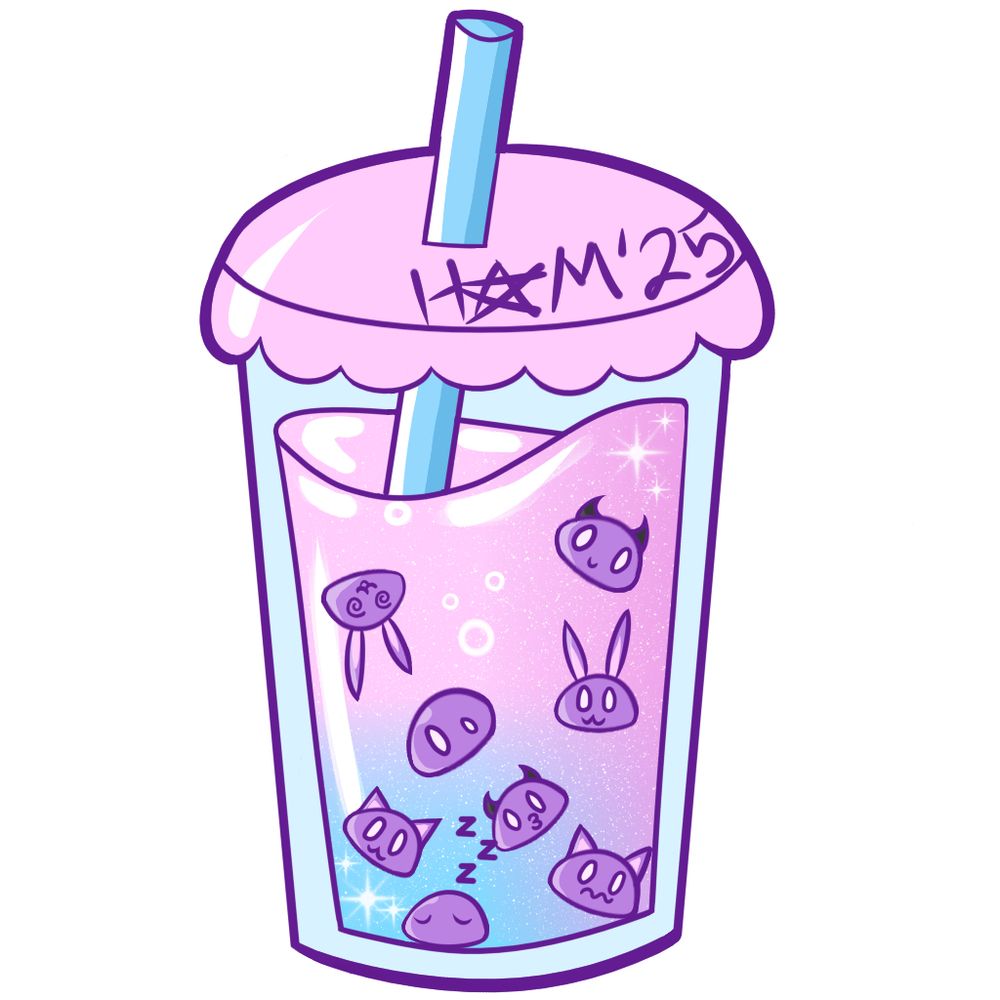 2D cartoony digital drawing of a boba drink with purple slimes as the boba pearls. The liquid is a pink to blue gradient.