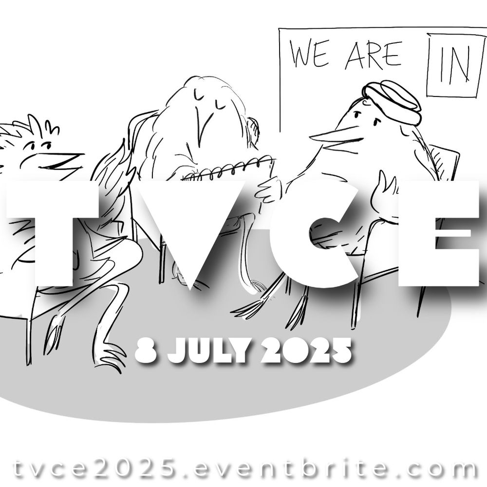 IMAGE CREDIT: Beatrice Baumgartner-Cohen 

Cartoon birds in a meeting, one holding a notepad. Text overlay reads "TVCE 8 July 2025." Background sign says "We Are In." Monochrome illustration.