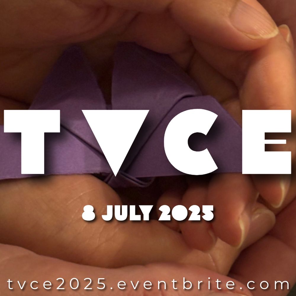 Hands gently cup a folded purple origami, overlaid with bold white text reading "TVCE 8 July 2025." A website link is at the bottom.