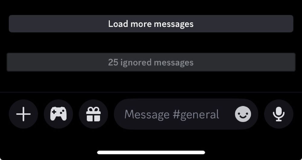 Discord UI with "Load more messages" button at top and 25 ignored messages
