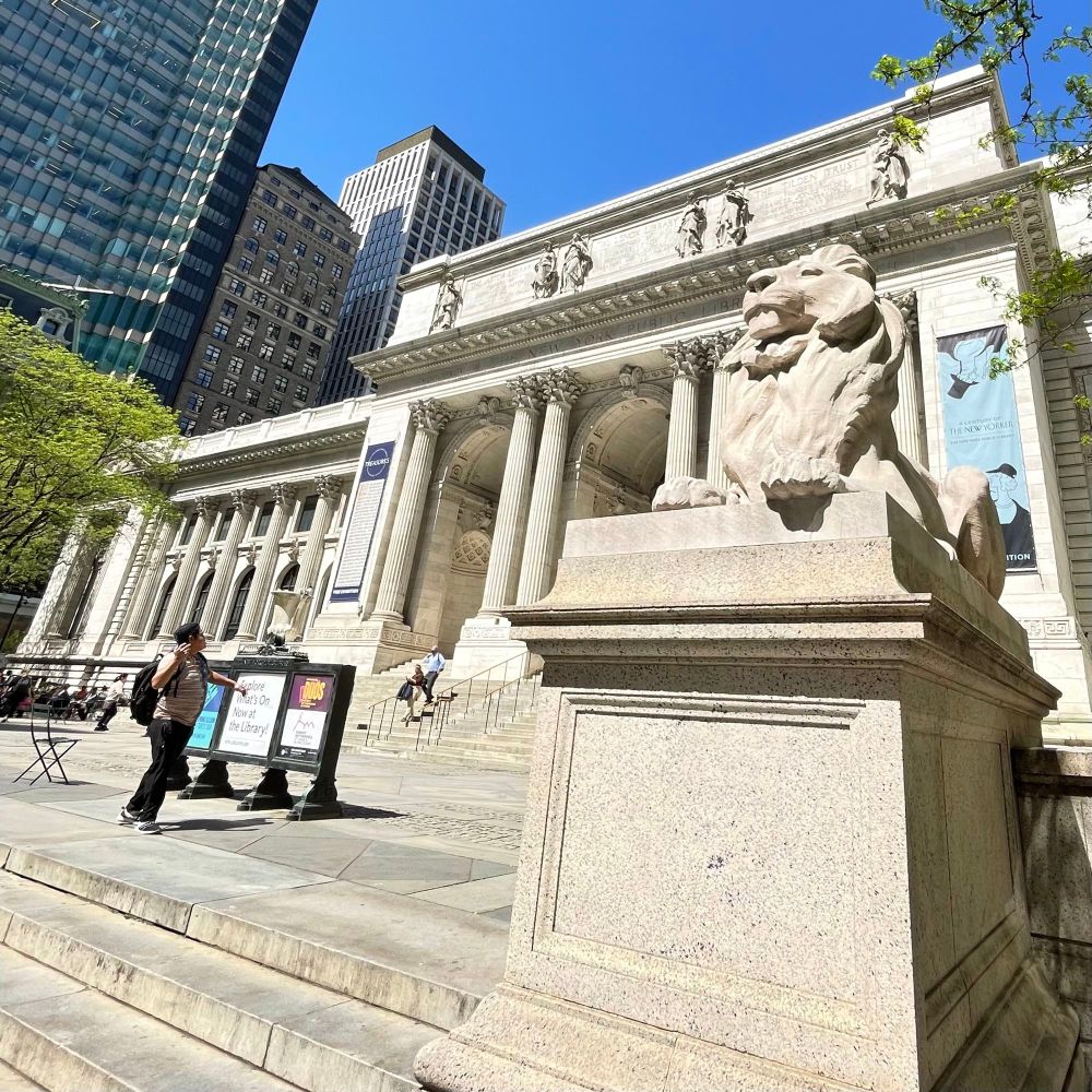 Steps going up to NYC Public Library entrance.