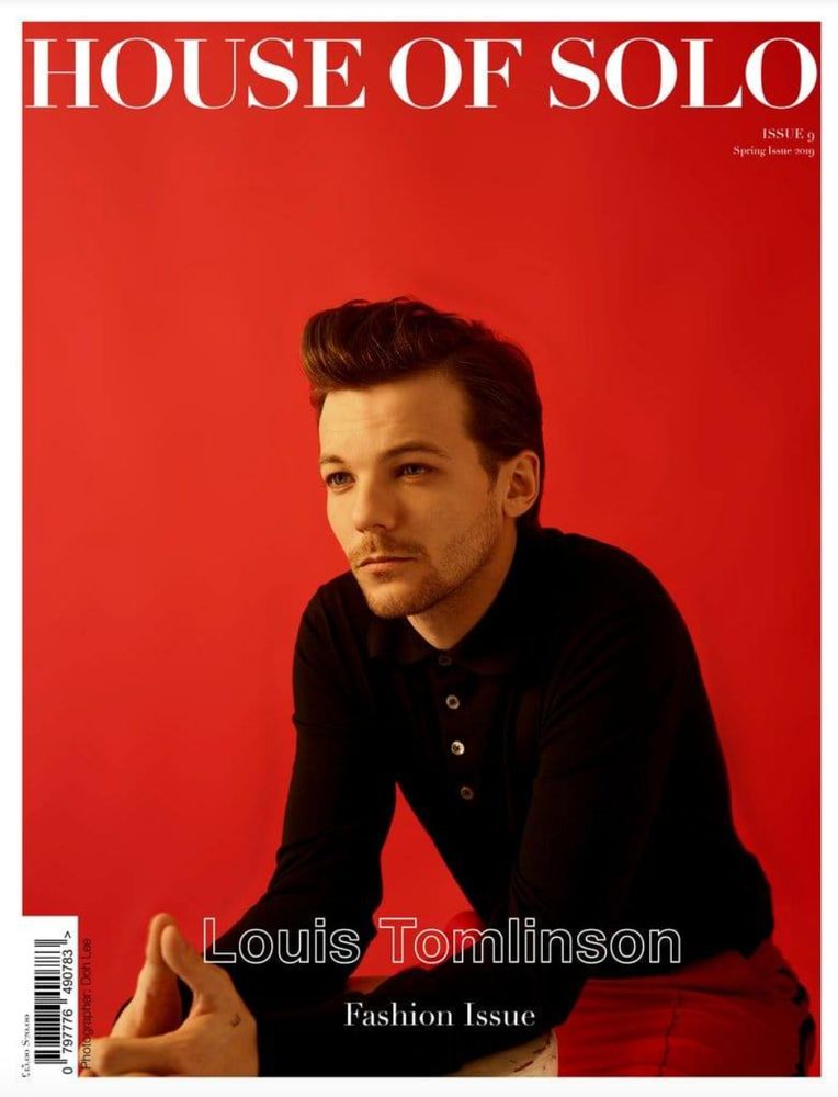 Front cover of House of Solo magazine, spring 2019, showing Louis Tomlinson in a black shirt. His hair is in a quiff. 
