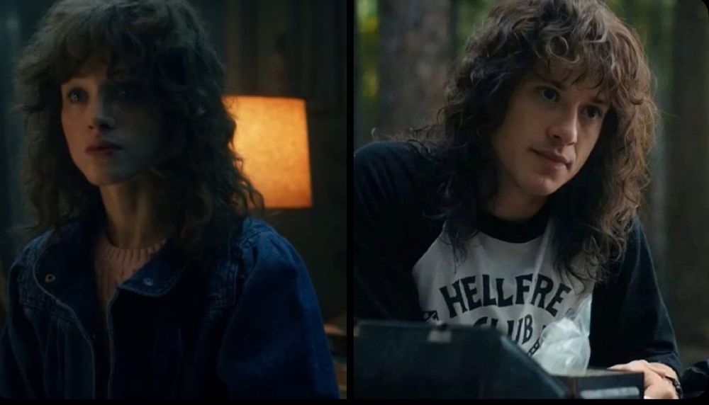 Composite pics of Nancy Wheeler and Eddie Munson, showing that in season 5 Nancy has the same shaggy hair and looks like Eddie’s twin lowkey
