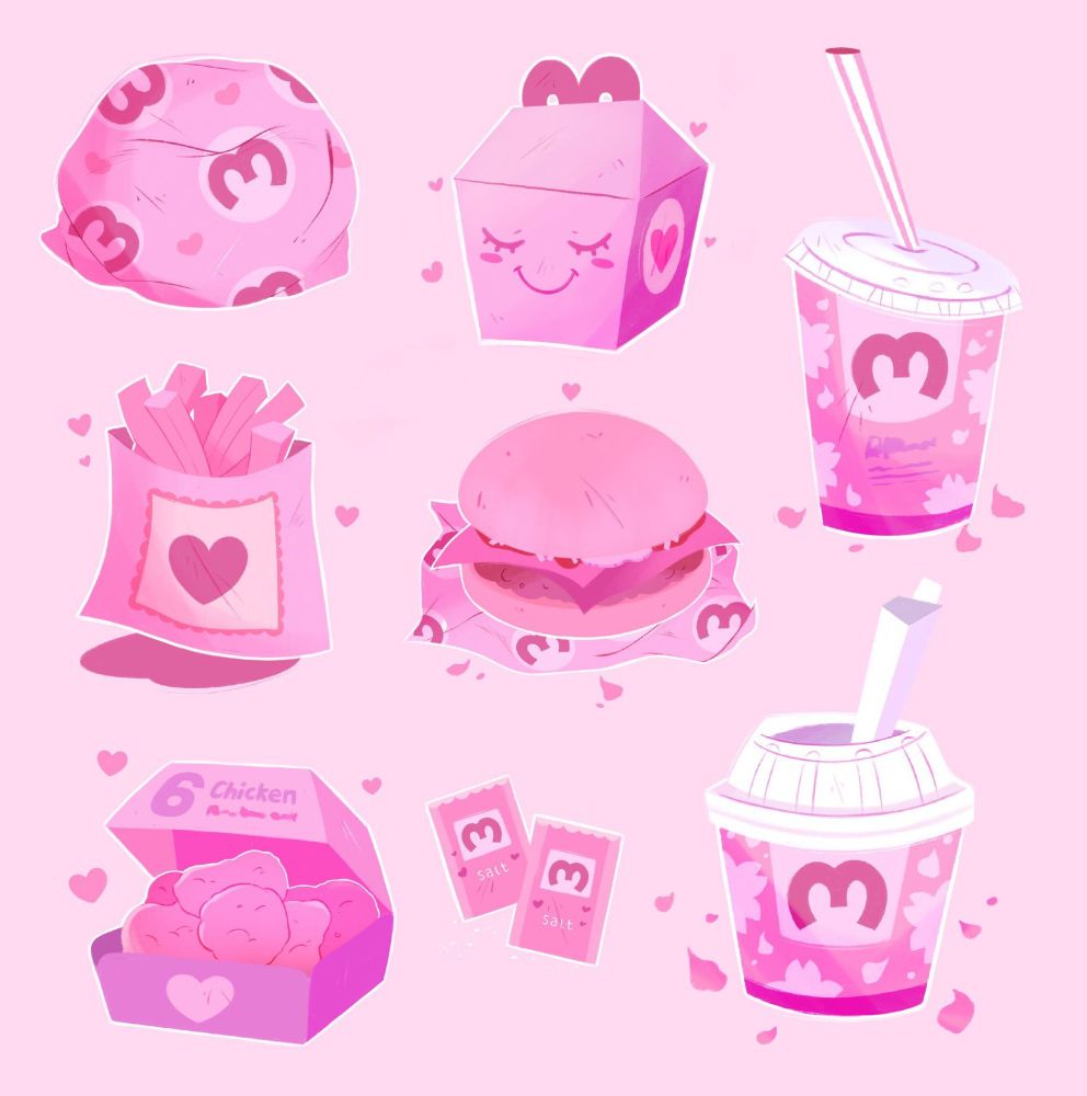 pink cute fast foods including burger, fries, drink, nuggets