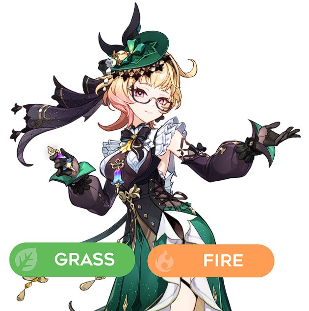 Emilie from Genshin Impact with the pokemon types Grass and Fire overlayed
