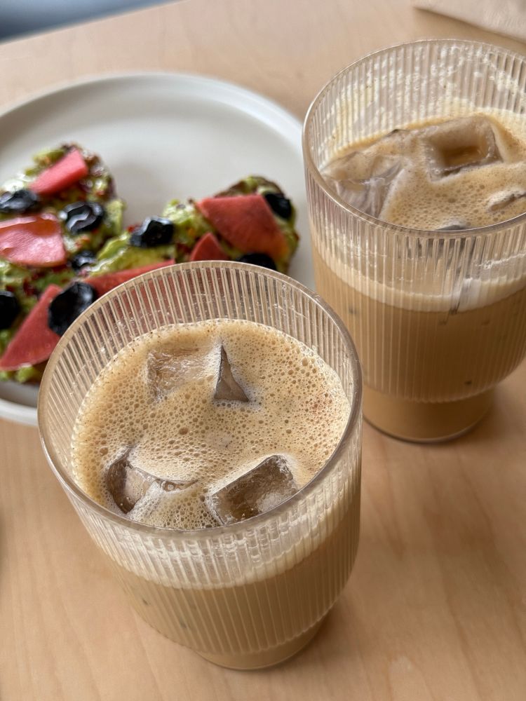 Cashew coffee lattes and avocado toast at Cafe Regina - both extremely delicious 