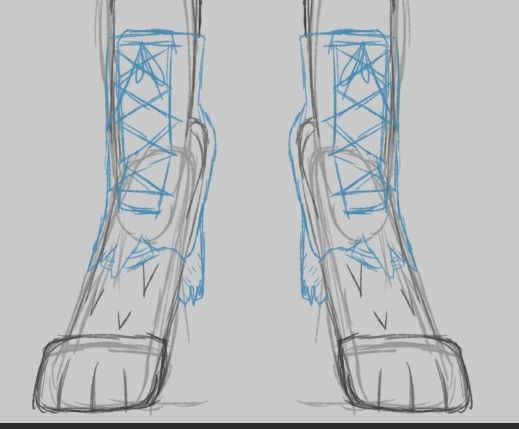 A rough sketch of my model's legs standing digitigrade. Torn shoes are sketched in blue 