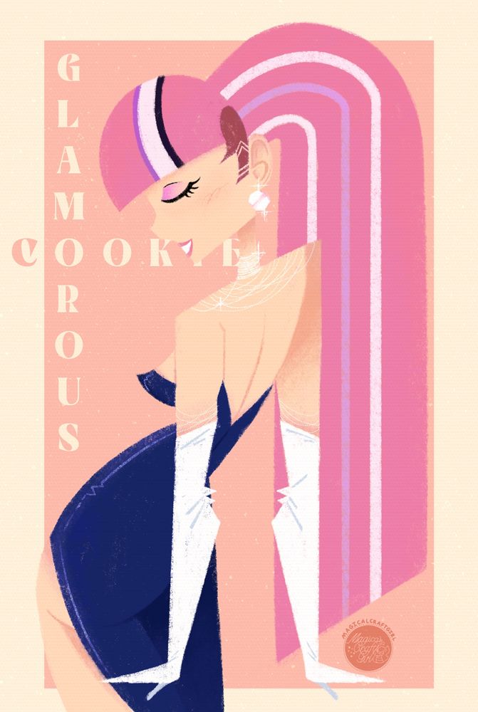 Simple stylistic portrait of shining glitter cookie from Cookie run kingdom. she is wearing a silk dark blue navy dress with long white gloves.

쿠키런: 킹덤 | digital art | 