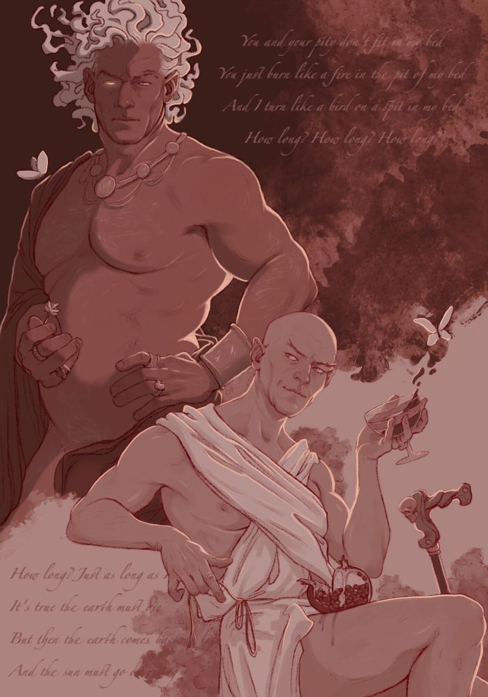 charles xavier and magneto as persephone and hades, inspired by hadestown. the text is lyrics from their song ‘how long?’