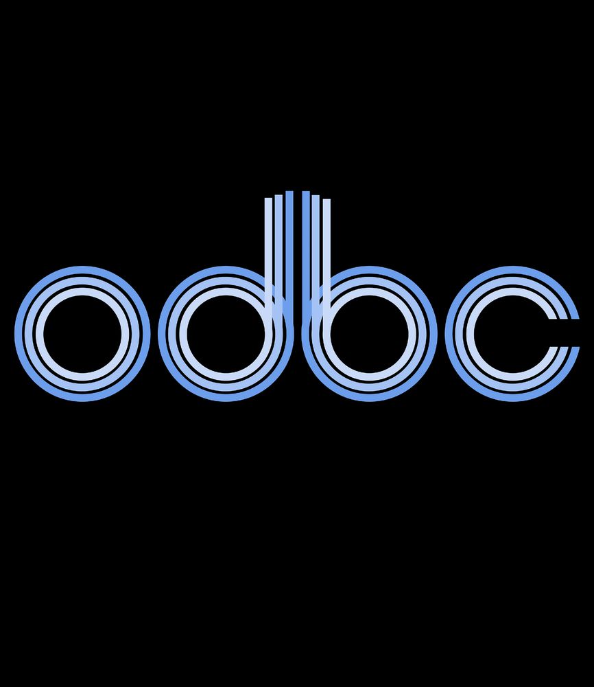 A hexagonal sticker with an all black background and "odbc" written in layered shades of blue.