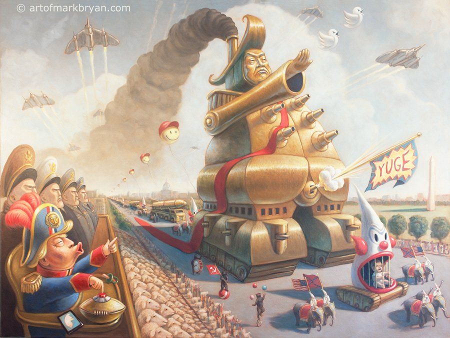 "The Shit Show" painting by artist Mark Bryan. A painting depicting a fascist military parade lead by a tiny authoritarian who is the president of the US.