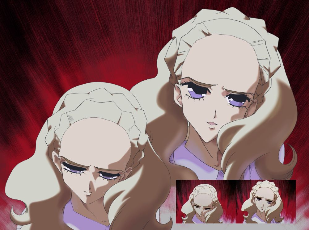 A digital drawing of Revolutionary Girl Utena Character Nanami Kiryu she is a blond girl with purple eyes she is depicted twice once looking down and then looking up directly to the front she is depicted with a sad expression